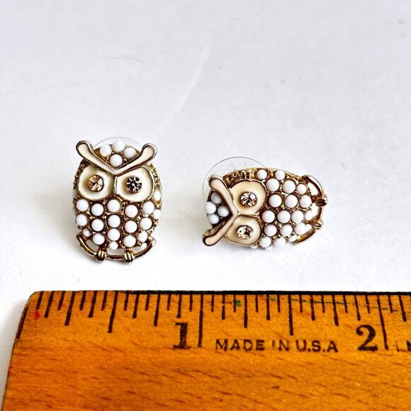 Vintage Owl Earrings Stud Gold Tone Rhinestones Enamel Metal 0.75" Fall Glamor - Picture 4 of 4